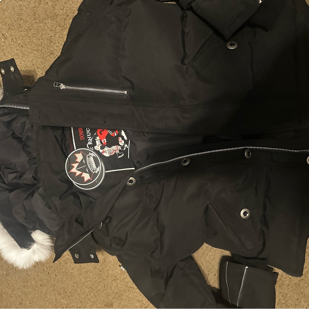 Moose Knuckles Black and White Puffer Coat with Hood